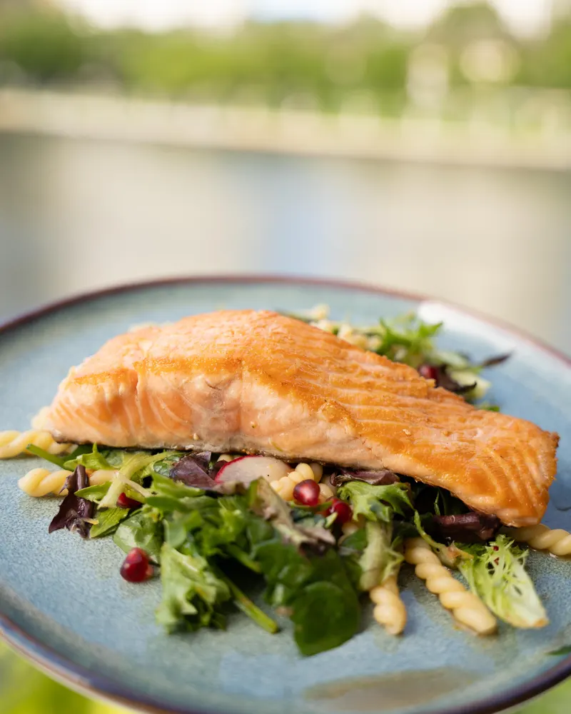Salmon with mashed potatoes outdoors