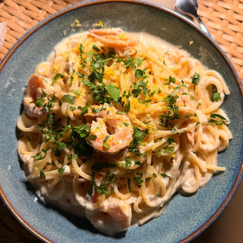 Shrimp pasta with herbs and parmesan